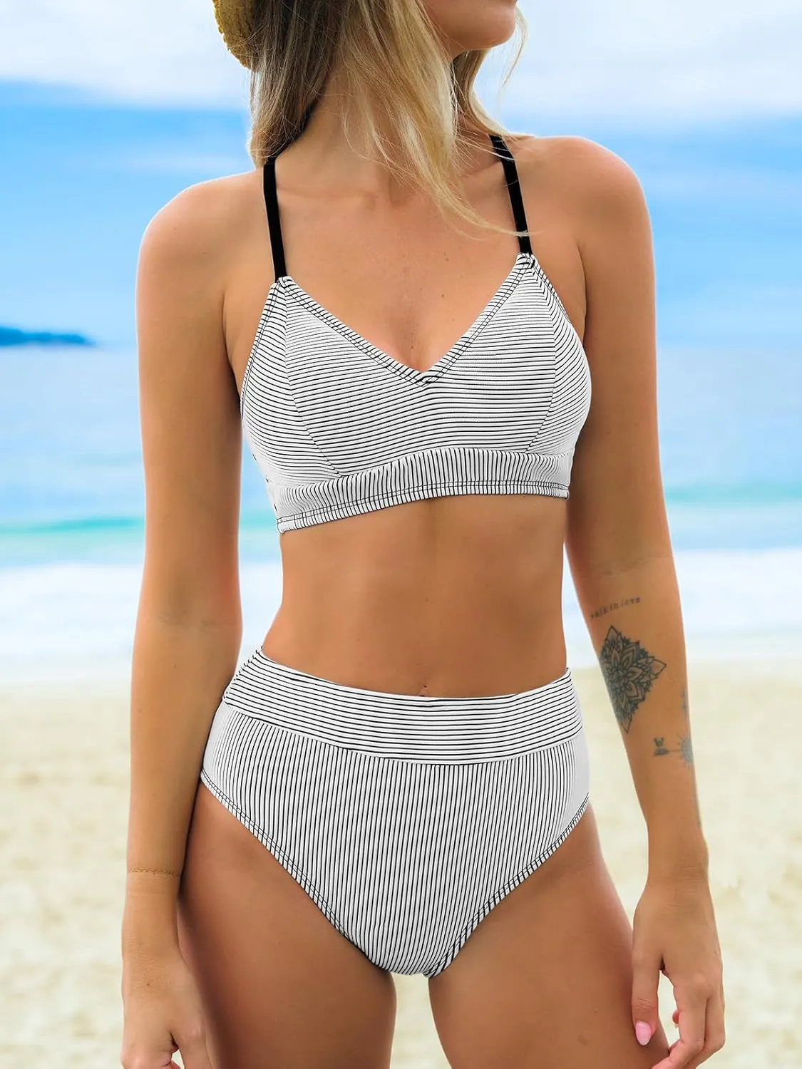 CUPSHE Women's Bikini Sets Two Piece Swimsuit High Waisted Striped V Neck Swimwear Back Tie