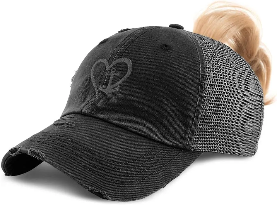 Custom Womens Ponytail Cap Nautical Heart and Anchor B Embroidery Cotton