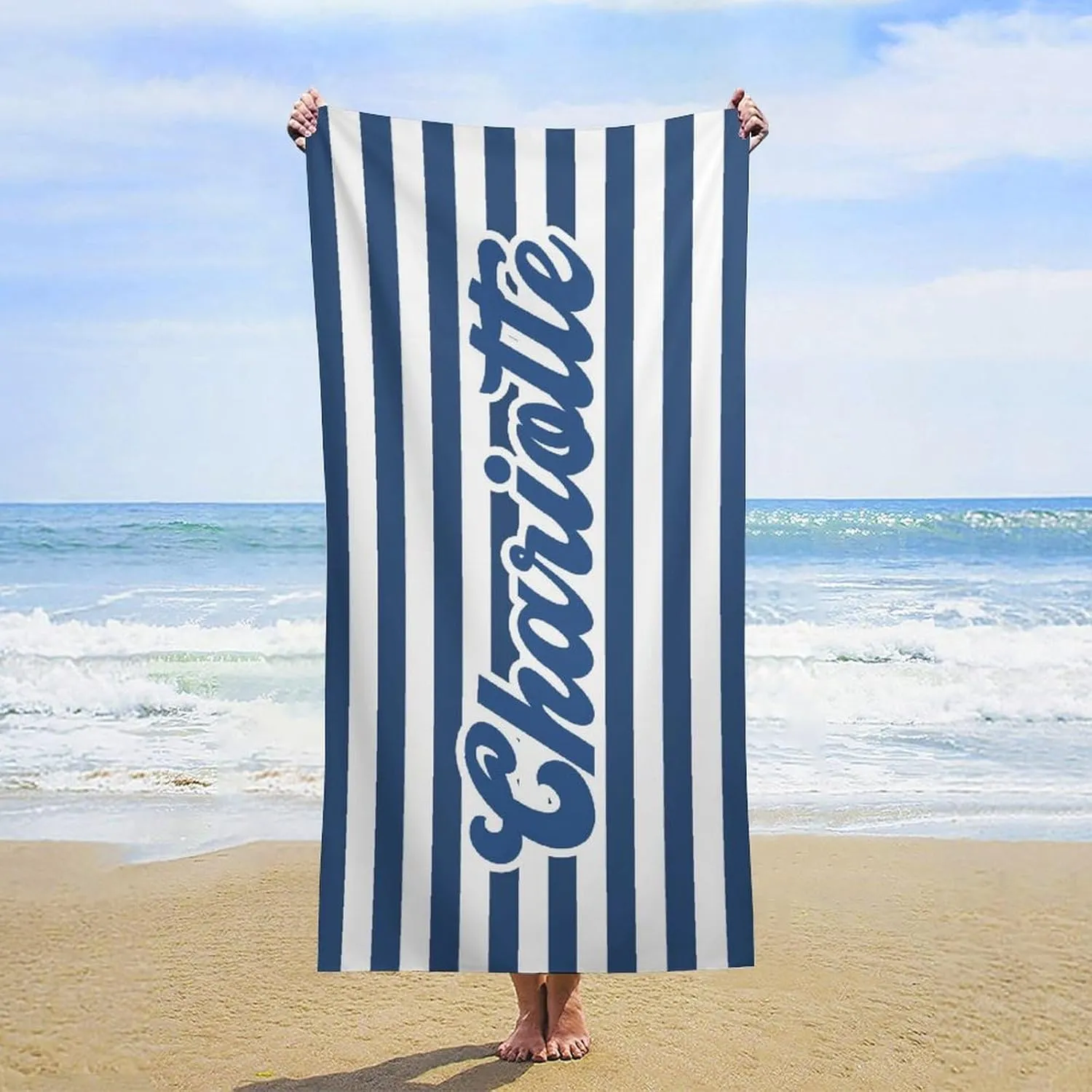 Customized Navy and White Striped Beach Towels for Girls Kids Gift Personalized Monogrammed Bath Towels Designer Fast Drying Names Beach Towrls for Girl Beach Trip Gifts