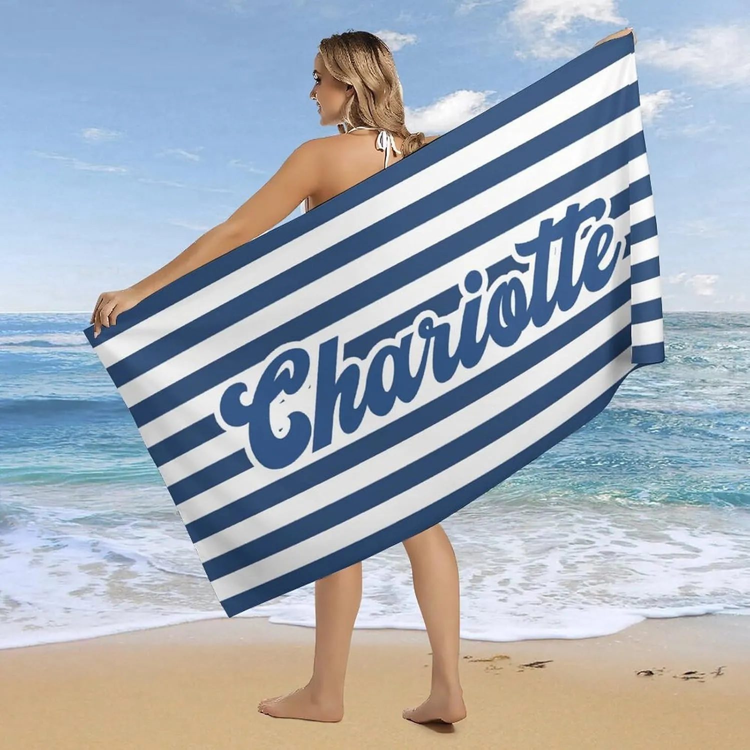 Customized Navy and White Striped Beach Towels for Girls Kids Gift Personalized Monogrammed Bath Towels Designer Fast Drying Names Beach Towrls for Girl Beach Trip Gifts