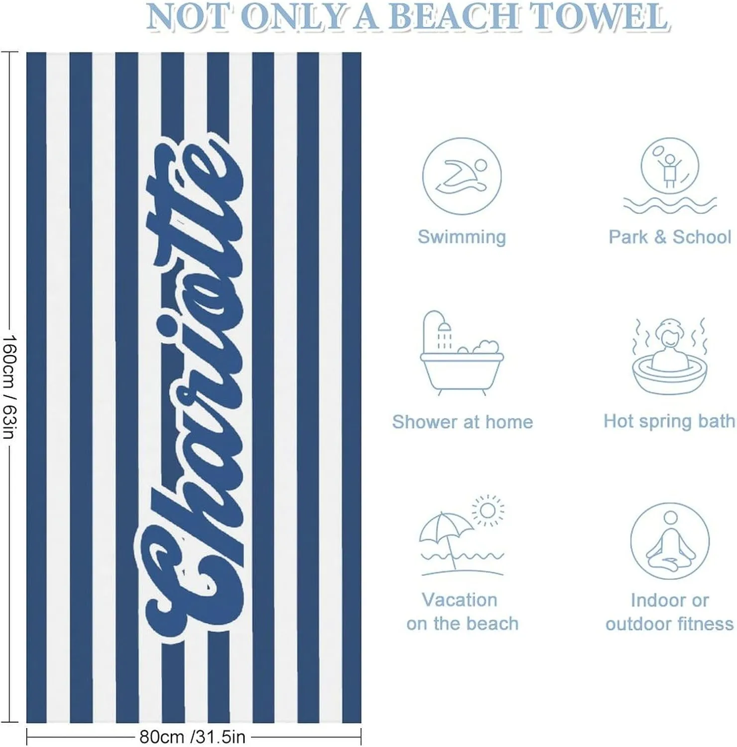 Customized Navy and White Striped Beach Towels for Girls Kids Gift Personalized Monogrammed Bath Towels Designer Fast Drying Names Beach Towrls for Girl Beach Trip Gifts