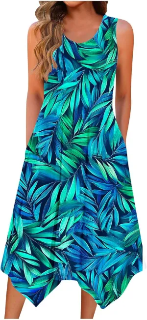 Cute Dresses for Women Casual Crewneck Sleeveless Floral Flowy Sundresses 2025 Beach Vacation Summer Hawaiian Dress
