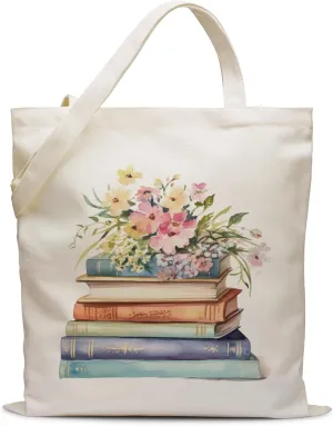 Cute Flower Canvas Tote Bag Gifts for Women Moms Wife Daughters Friends,Summer Bags Gifts for Work Beach Shopping,Floral Tote Bag Gift for Birthday Mothers Day (book)