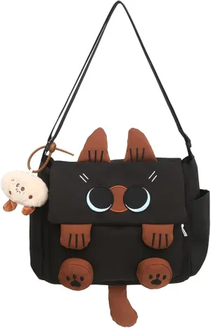 Cute Siamese Cat Messenger Bag for Women Crossbody Large Capacity Canvas Purse Daypack Korean Cartoon Square Bag