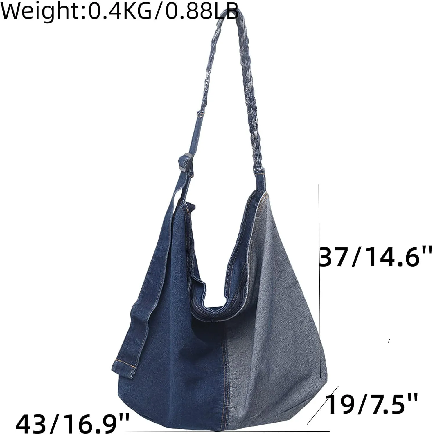 Denim Shoulder Bag Casual Retro Splice Crossbody Handbag Hobo Beach Travel Shopper Tote Canvas Purse Women