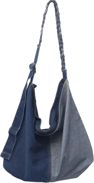 Denim Shoulder Bag Casual Retro Splice Crossbody Handbag Hobo Beach Travel Shopper Tote Canvas Purse Women