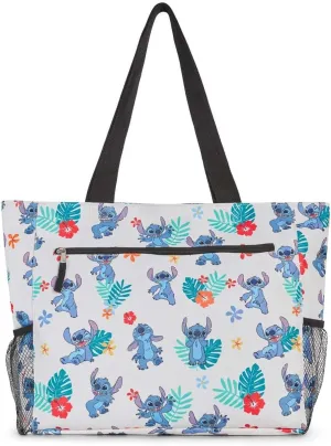 Disney Stitch Women Zip Tote Shoulder Bag Beach Travel Mesh Side Pockets (White)