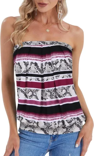 DJT Women's Summer Beach Tie Dye Sleeveless Stretchy Pleated Tube Tops