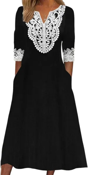 Dresses for Women Summer Groovy Patchwork Long Sleeve V-Neck Midi Dress Casual Beach Vacation Travel Outfits 2025