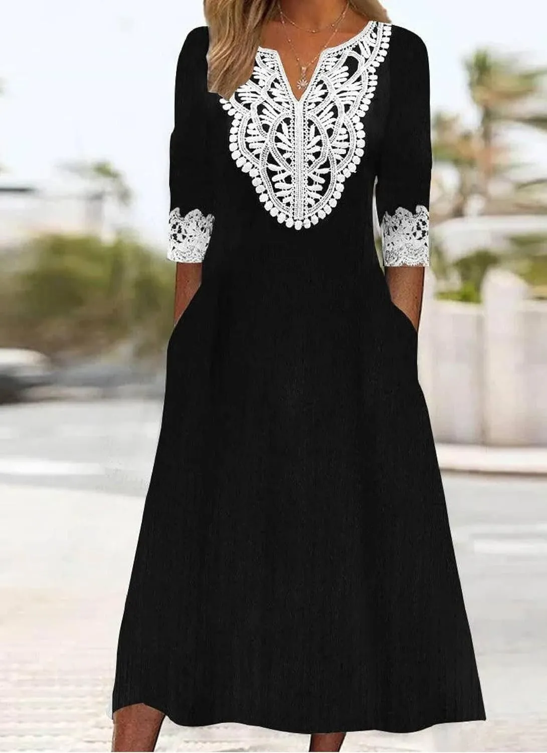 Dresses for Women Summer Groovy Patchwork Long Sleeve V-Neck Midi Dress Casual Beach Vacation Travel Outfits 2025