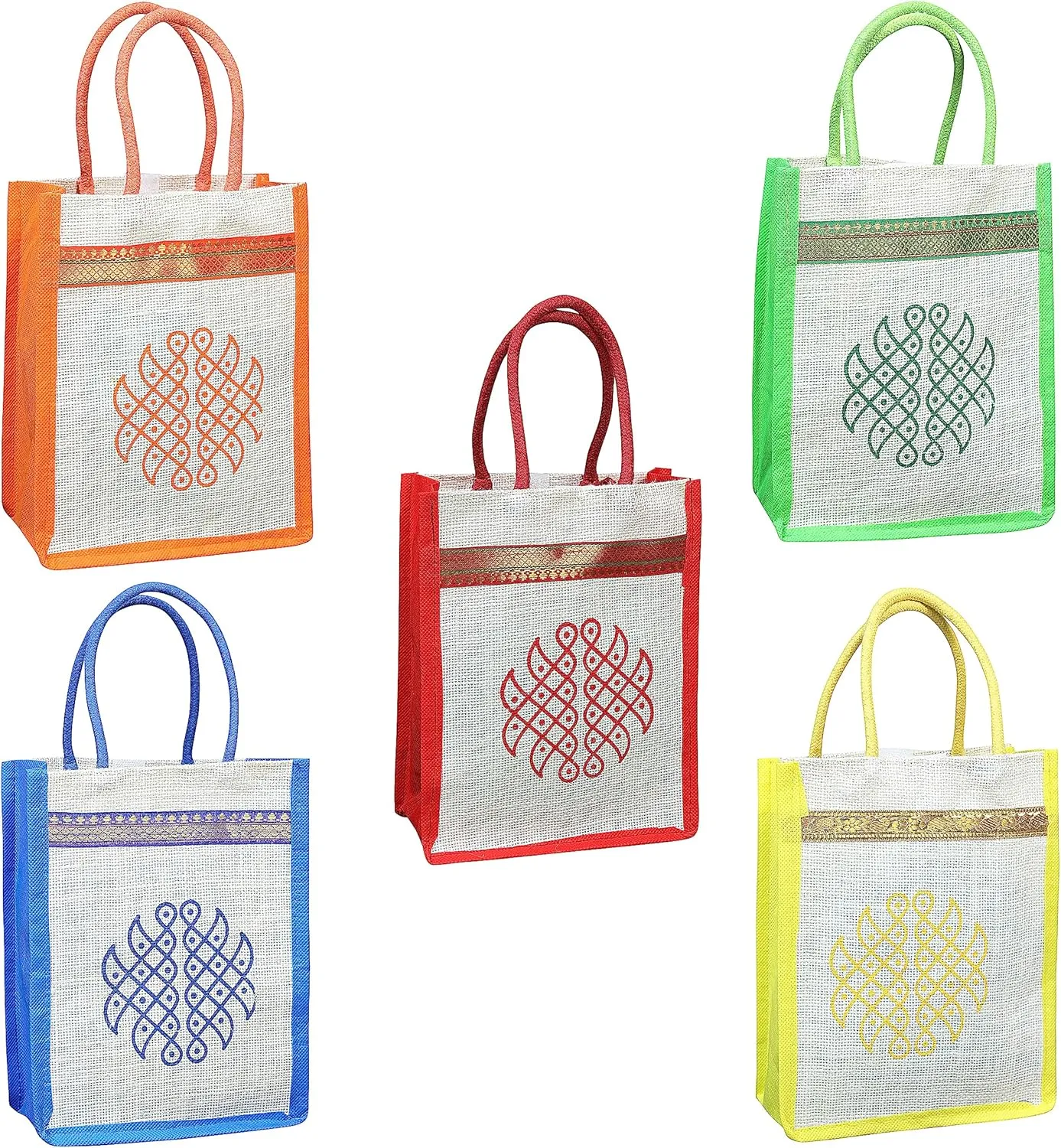 Eco-Friendly Jute Bags with Rangoli Print - 10" x 8" - Beach & Reusable Bag