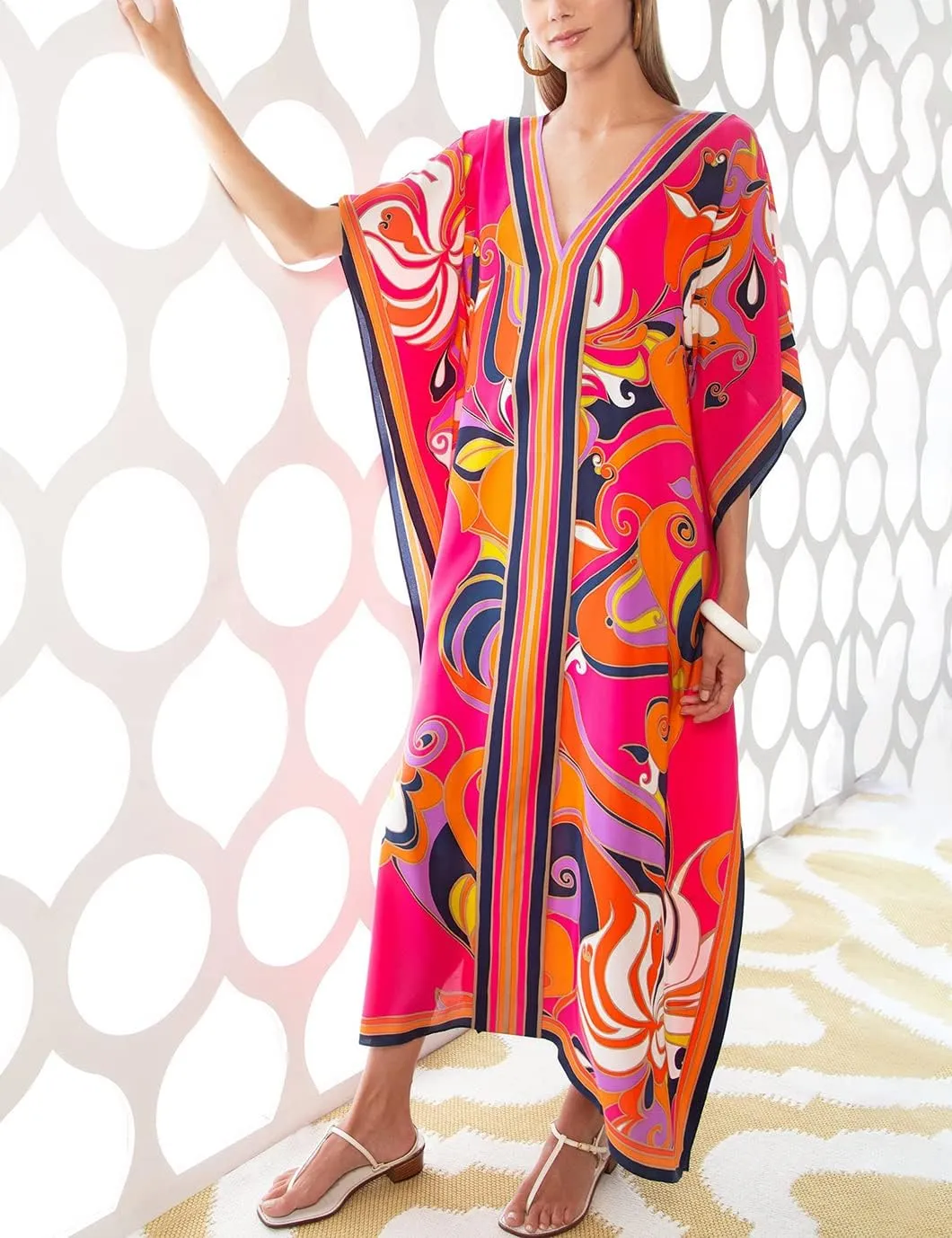 Eddoyee Women Long Print Swimwear Cover Up Sexy V Neck Side Split Beach Caftans Lounge Dresses