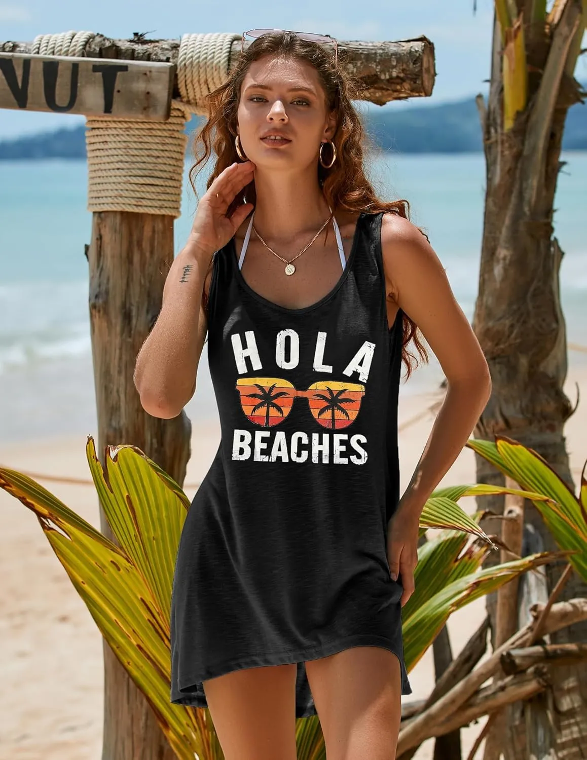 Ekouaer Women's Sleeveless Swimwear Coverups T-Shirt Beach Dress Tank Bikini Cover Up with Print