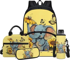 Elephant Teen Girls Backpack Lunch Box Water Bottle and Pencil Case Set Canvas School Messenger Bags for Teen Girls, Fit Primary and Junior High School