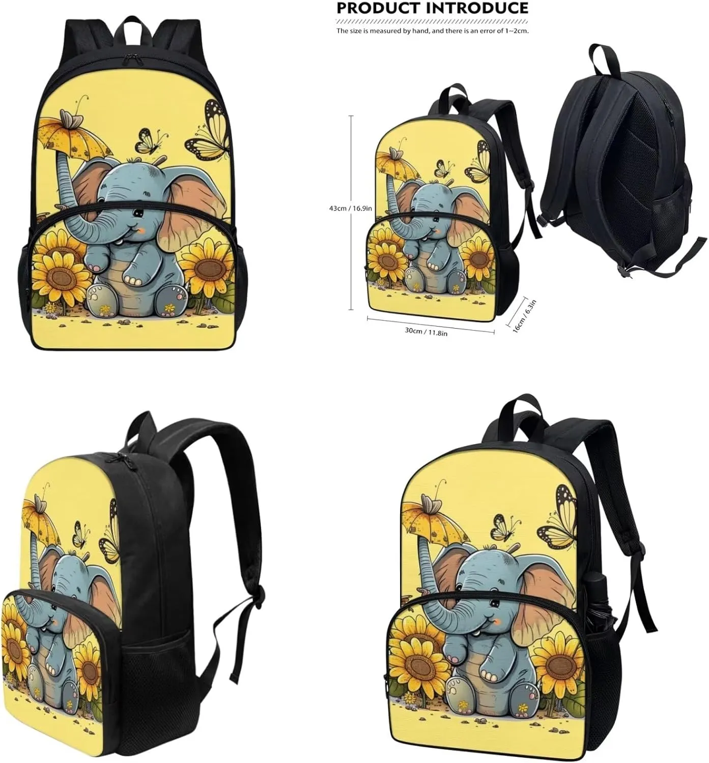 Elephant Teen Girls Backpack Lunch Box Water Bottle and Pencil Case Set Canvas School Messenger Bags for Teen Girls, Fit Primary and Junior High School