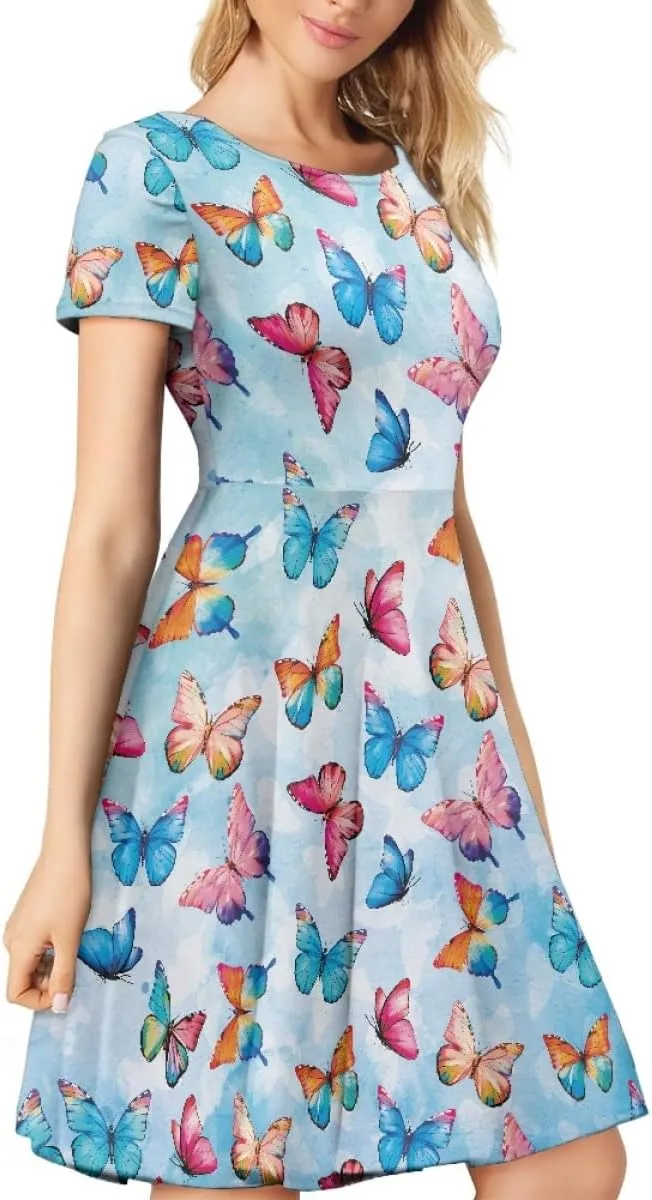 ENLACHIC Women's Animal Print T Shirt Dress Floral Graphic Short Sleeve Aline Beach Swing Dress