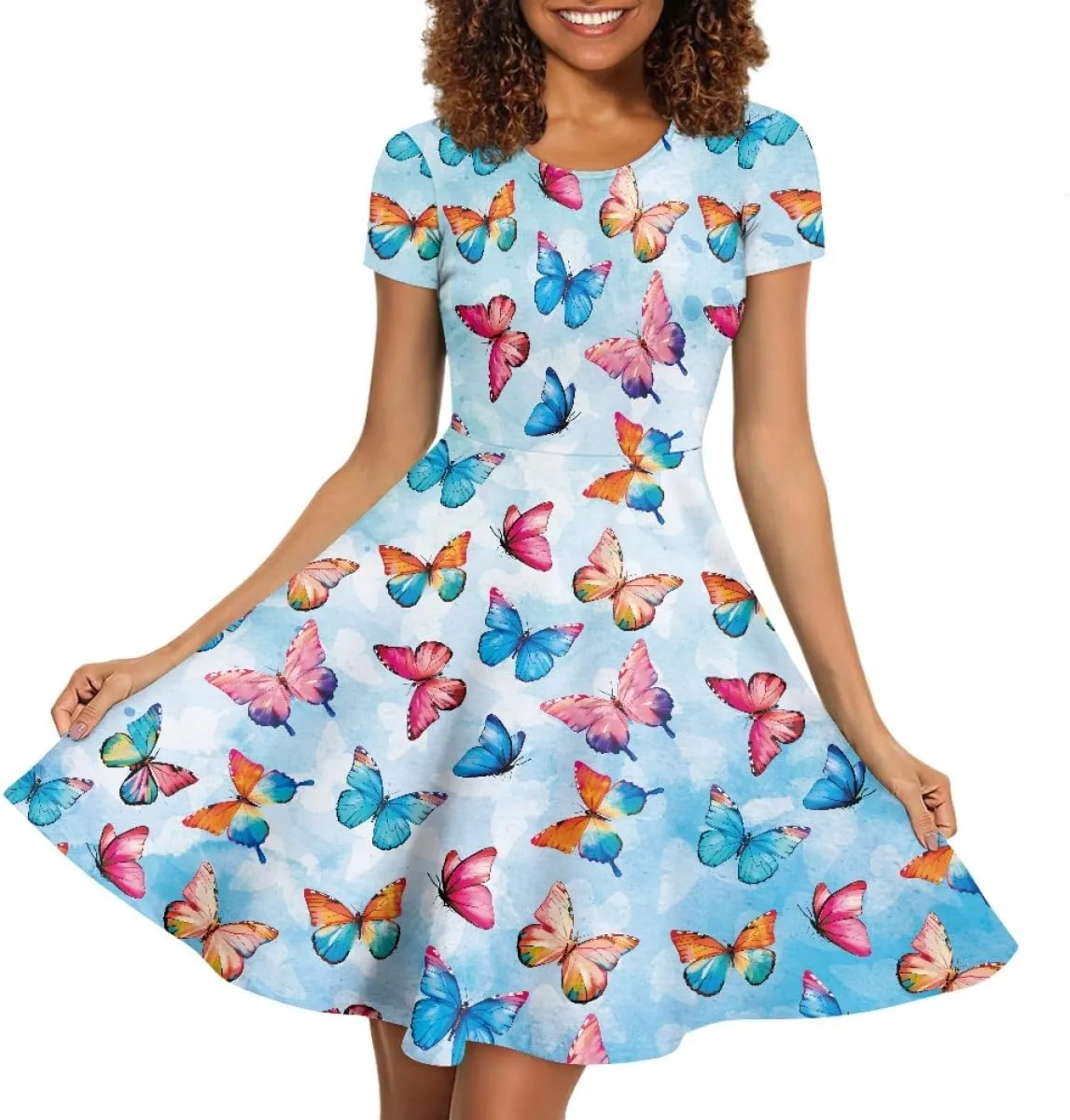ENLACHIC Women's Animal Print T Shirt Dress Floral Graphic Short Sleeve Aline Beach Swing Dress