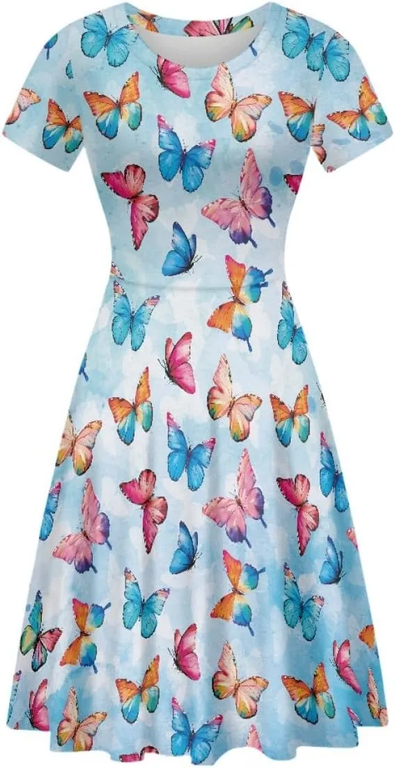 ENLACHIC Women's Animal Print T Shirt Dress Floral Graphic Short Sleeve Aline Beach Swing Dress