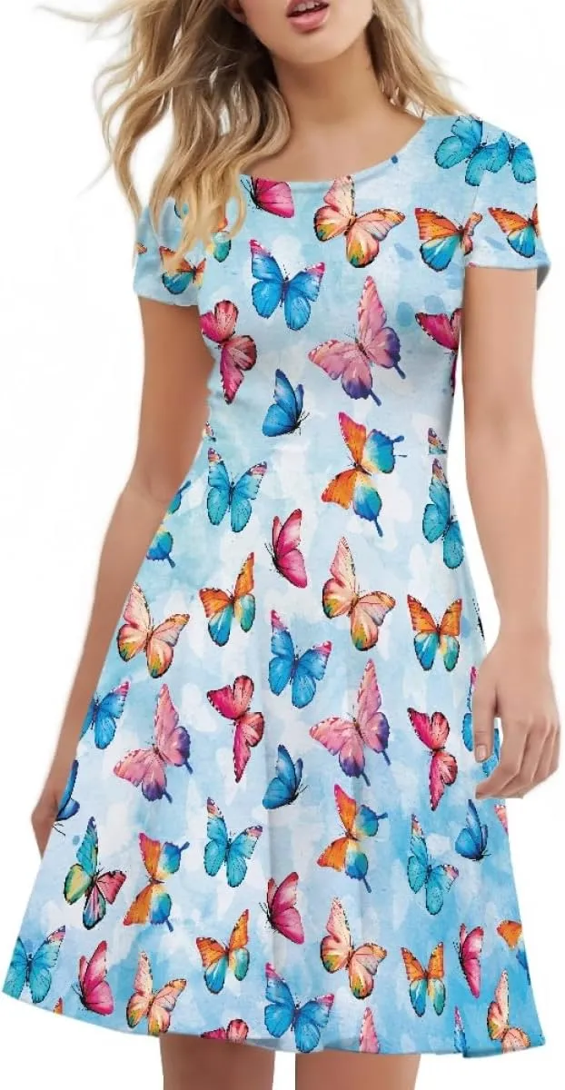 ENLACHIC Women's Animal Print T Shirt Dress Floral Graphic Short Sleeve Aline Beach Swing Dress