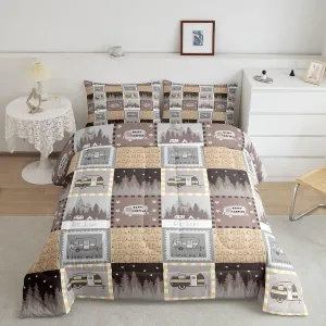 Erosebridal Happy Camping Comforter Set Full Size, Rv Camper Decor Bedding Set Rustic Farmhouse Patchwork Quilt Camping Gift for Women Decor, Retro Lodge Cabin Decor Duvet Insert with 2 Pillow Cases