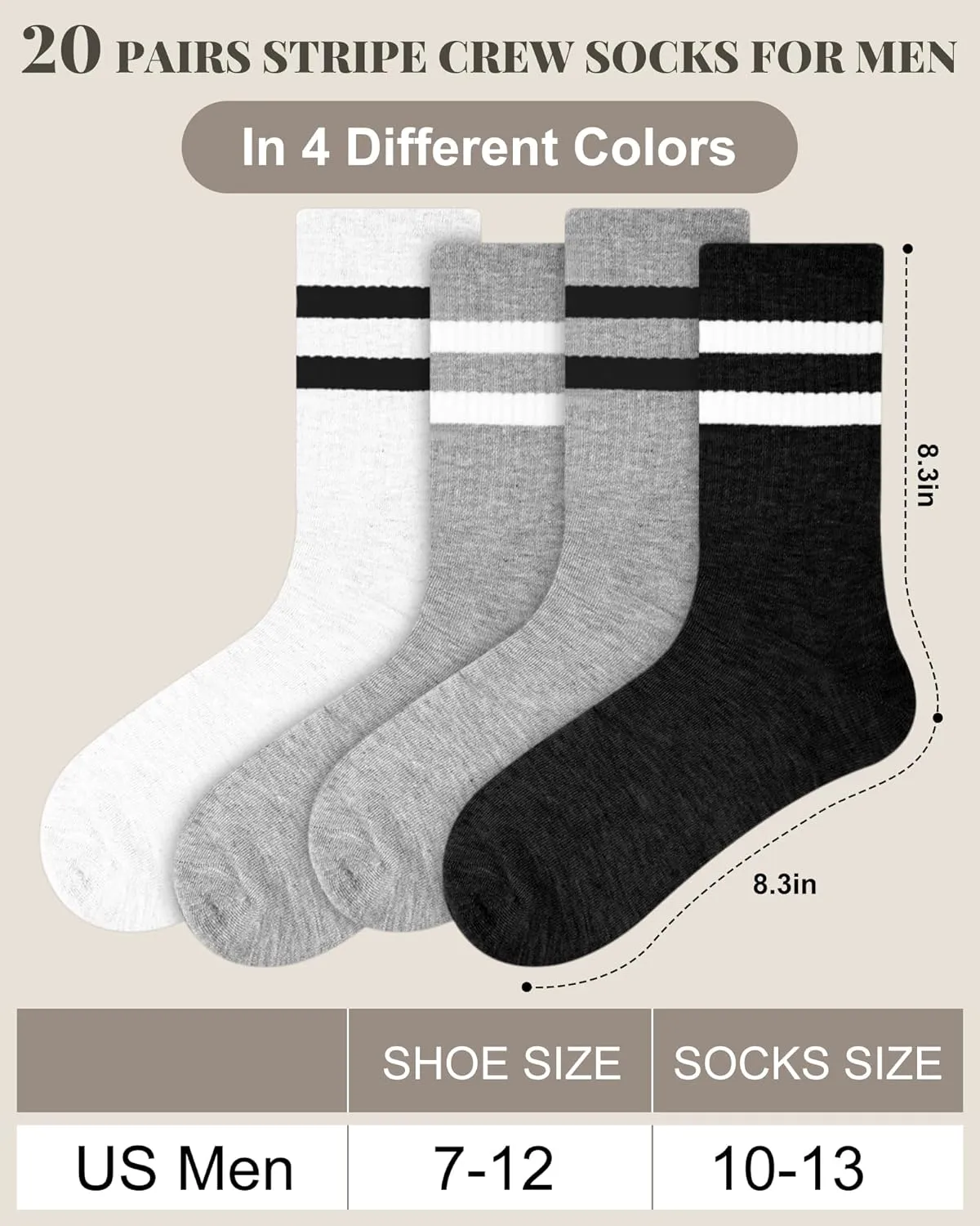 Eurzom 20 Pairs Athletic Striped Crew Socks for Men Women Cotton Retro Socks with Stripes for Skateboard Running Daily