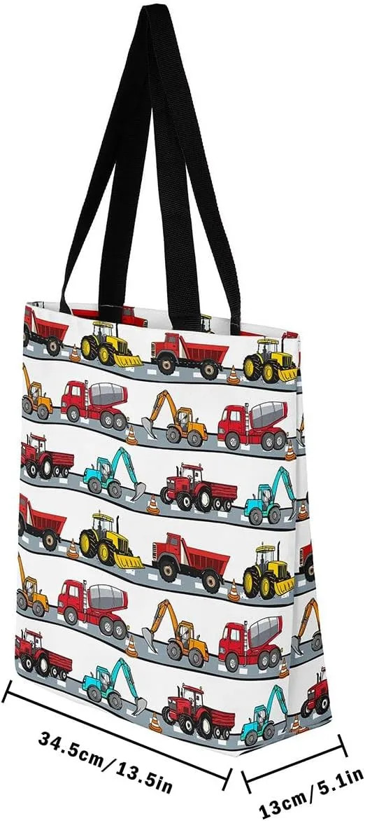 Excavator Canvas Tote Bag Construction Travel Shopping Bag,Cartoon Bear Car Vehicles Dump Truck Handbag