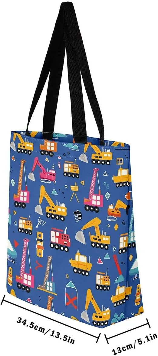 Excavator Canvas Tote Bag Construction Travel Shopping Bag,Cartoon Bear Car Vehicles Dump Truck Handbag