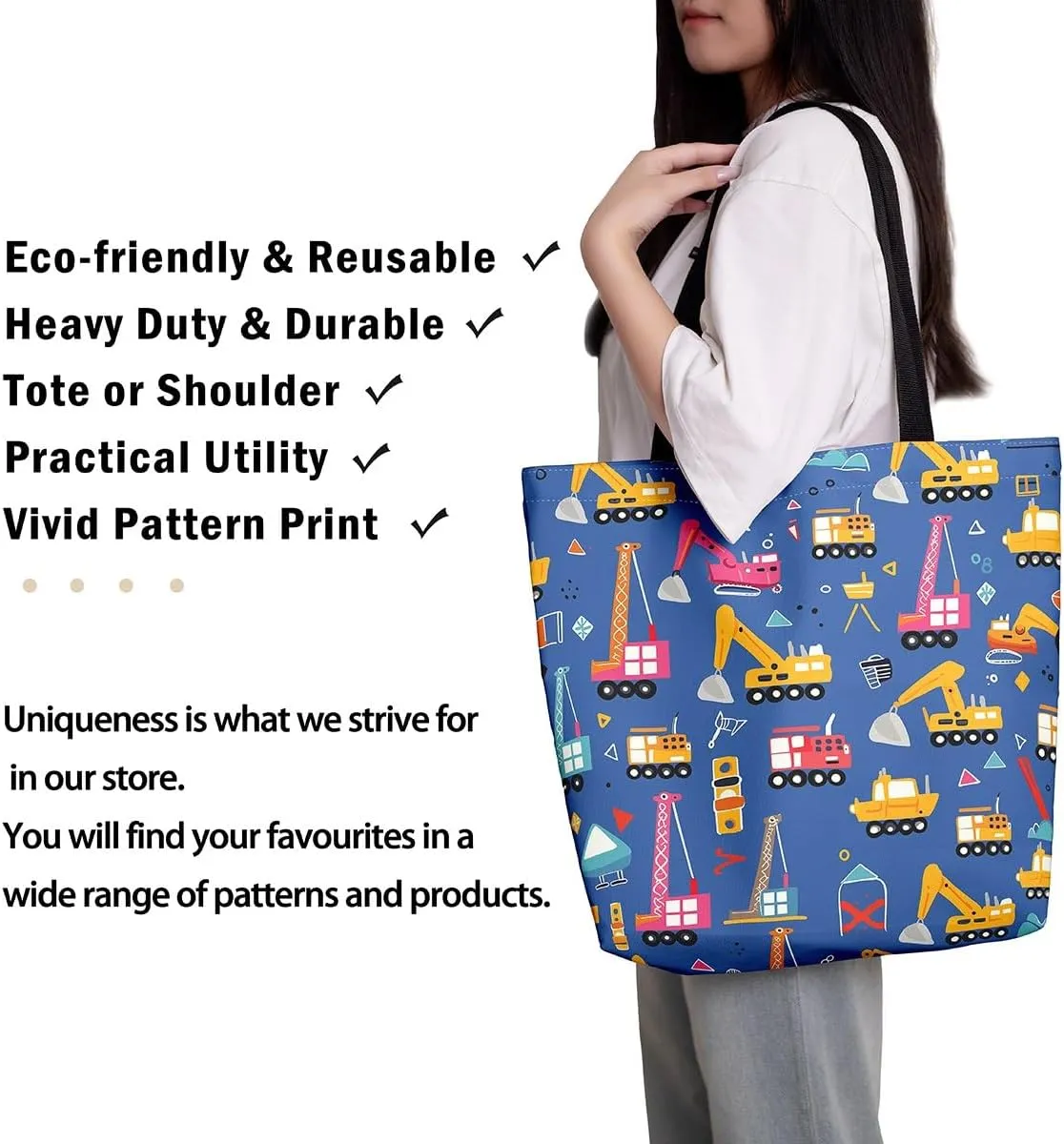 Excavator Canvas Tote Bag Construction Travel Shopping Bag,Cartoon Bear Car Vehicles Dump Truck Handbag