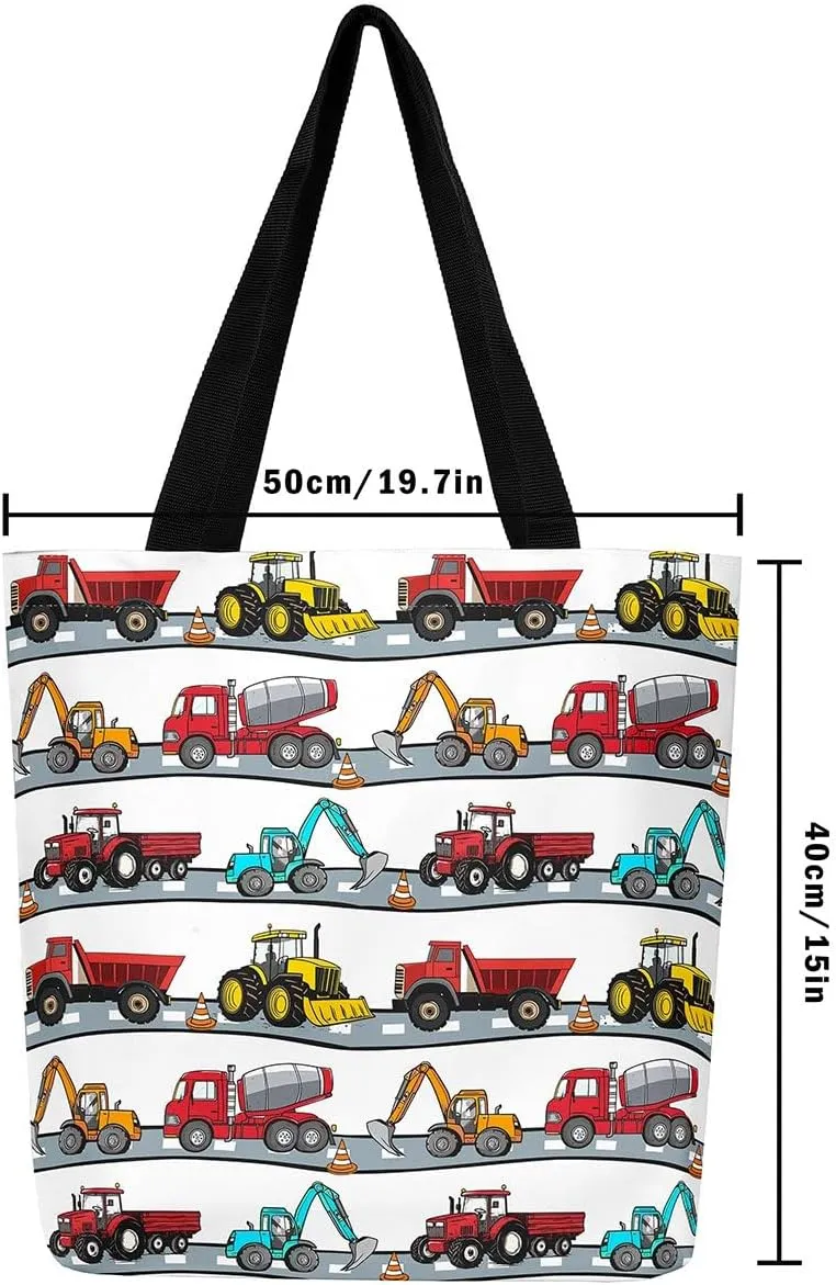 Excavator Canvas Tote Bag Construction Travel Shopping Bag,Cartoon Bear Car Vehicles Dump Truck Handbag