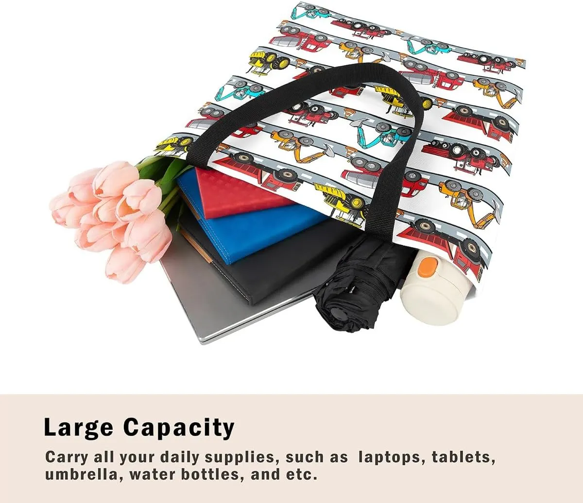 Excavator Canvas Tote Bag Construction Travel Shopping Bag,Cartoon Bear Car Vehicles Dump Truck Handbag