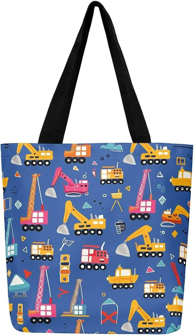 Excavator Canvas Tote Bag Construction Travel Shopping Bag,Cartoon Bear Car Vehicles Dump Truck Handbag