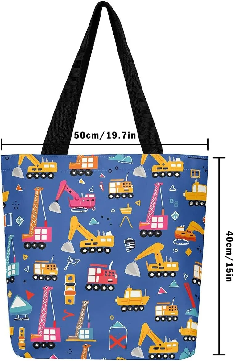 Excavator Canvas Tote Bag Construction Travel Shopping Bag,Cartoon Bear Car Vehicles Dump Truck Handbag
