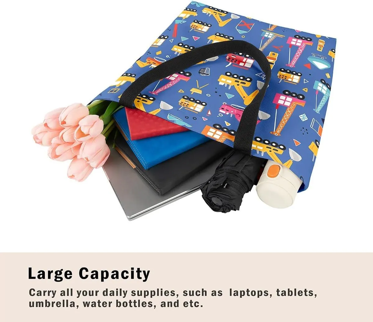 Excavator Canvas Tote Bag Construction Travel Shopping Bag,Cartoon Bear Car Vehicles Dump Truck Handbag