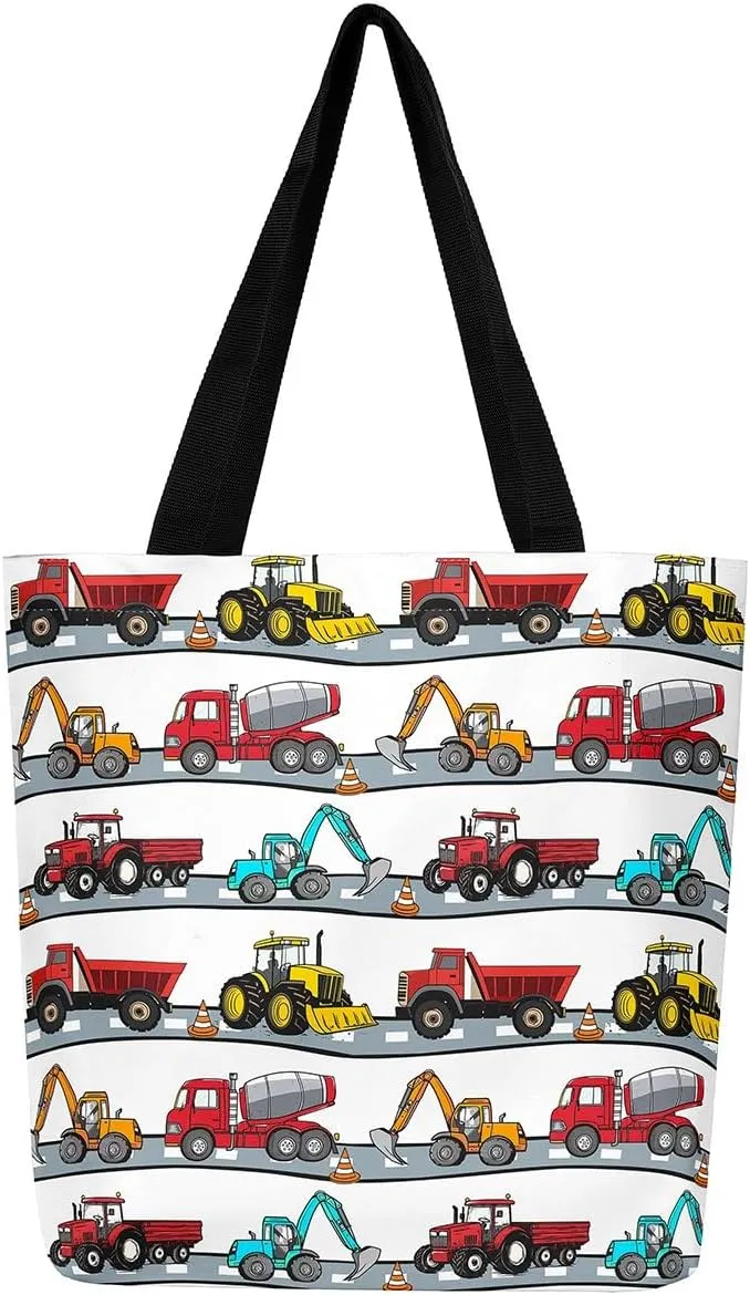 Excavator Canvas Tote Bag Construction Travel Shopping Bag,Cartoon Bear Car Vehicles Dump Truck Handbag