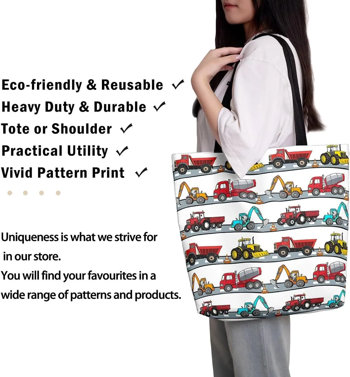 Excavator Canvas Tote Bag Construction Travel Shopping Bag,Cartoon Bear Car Vehicles Dump Truck Handbag