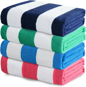 Exclusivo Mezcla 4 Pack Beach Towels, Large Microfiber Striped Beach Bath Pool Towel Set for Kids and Adults, Lightweight and Absorbent, 30x60 Inches, Navy/Blue/Pink/Caribbean Green