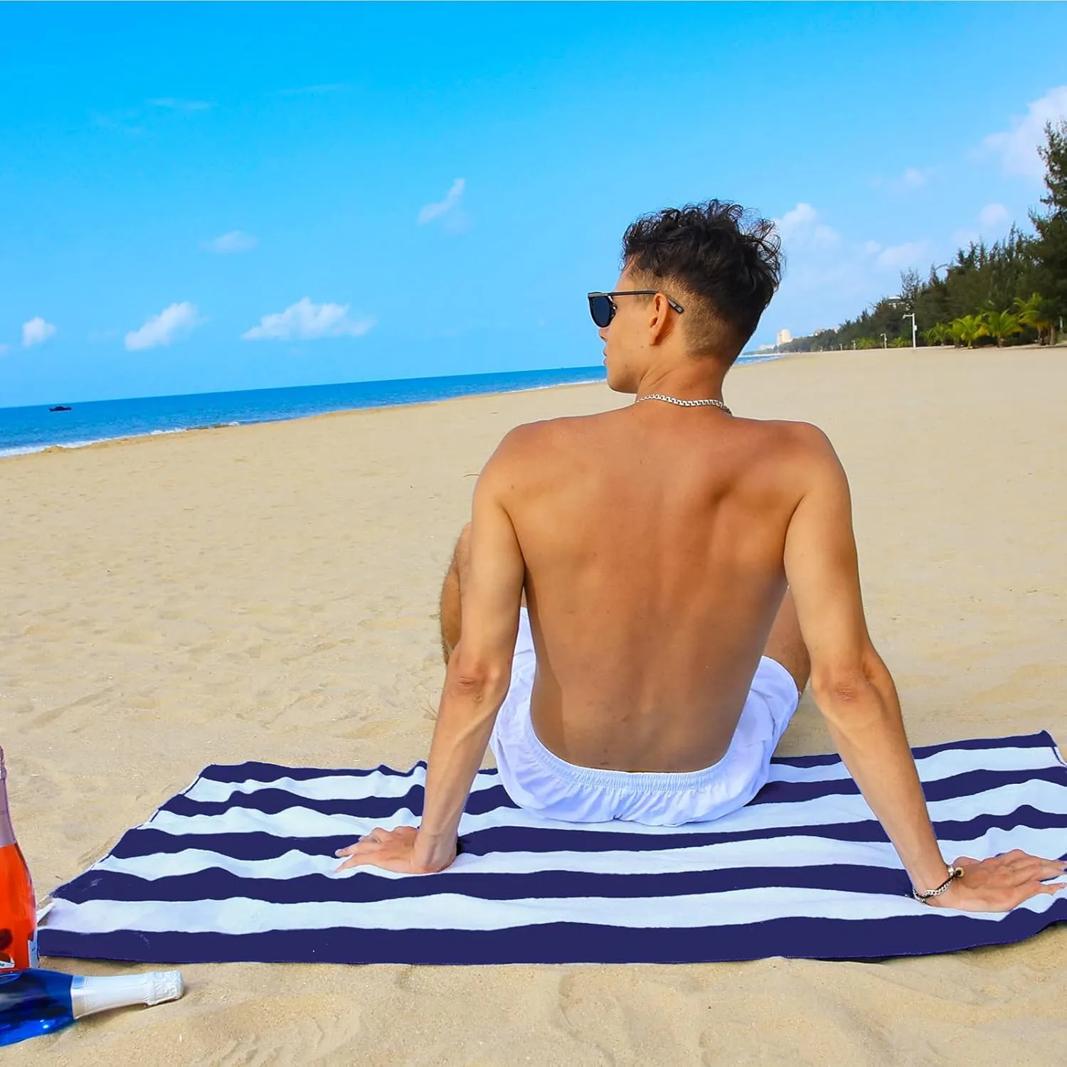 Exclusivo Mezcla 4 Pack Beach Towels, Large Microfiber Striped Beach Bath Pool Towel Set for Kids and Adults, Lightweight and Absorbent, 30x60 Inches, Navy/Blue/Pink/Caribbean Green