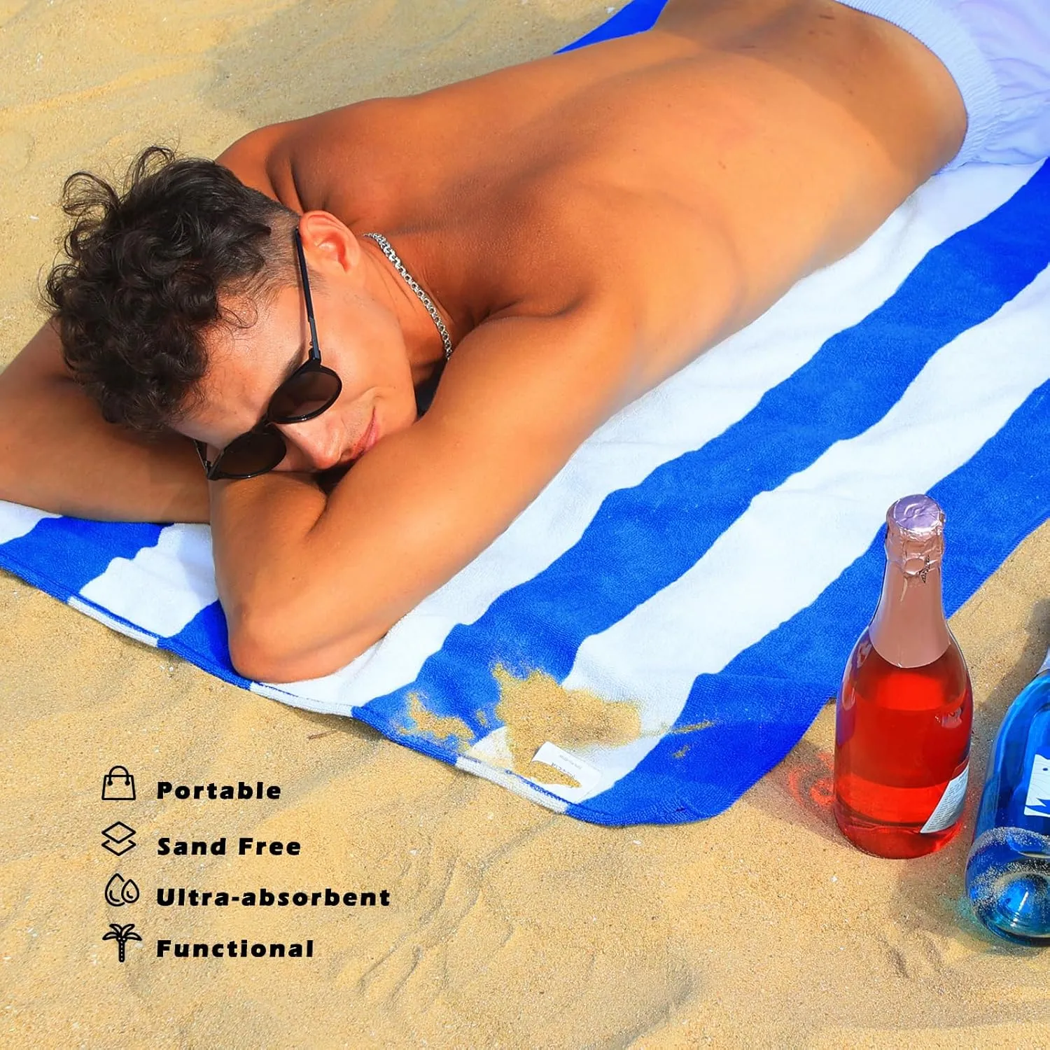 Exclusivo Mezcla 4 Pack Beach Towels, Large Microfiber Striped Beach Bath Pool Towel Set for Kids and Adults, Lightweight and Absorbent, 30x60 Inches, Navy/Blue/Pink/Caribbean Green