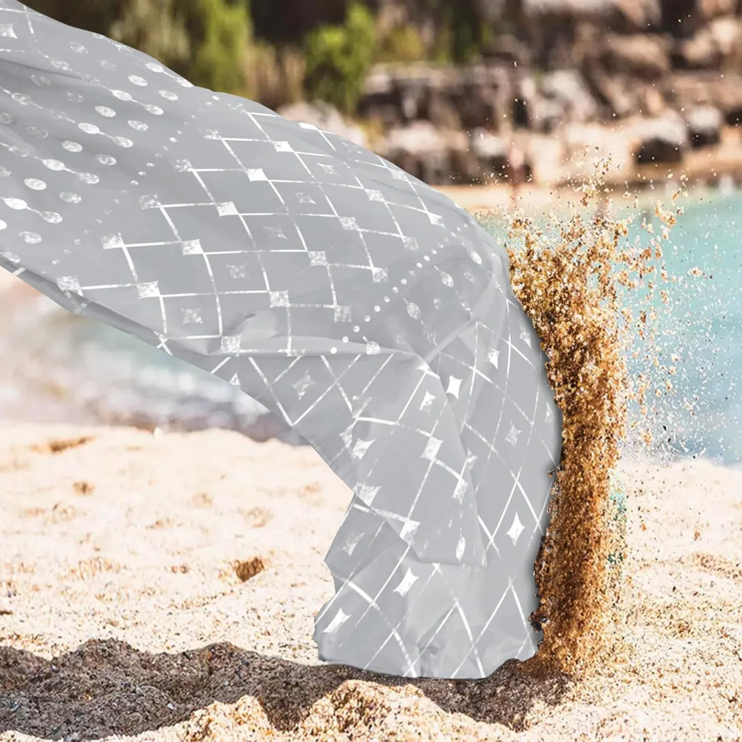Extra Large Beach Blanket Sandproof, 110''×118'' Outdoor Beach Mat Sand Free Waterproof for 8 Adults, Polyester Lightweight Foldable Grey Geometry Picnic Blanket for Travel, Camping, Hiking