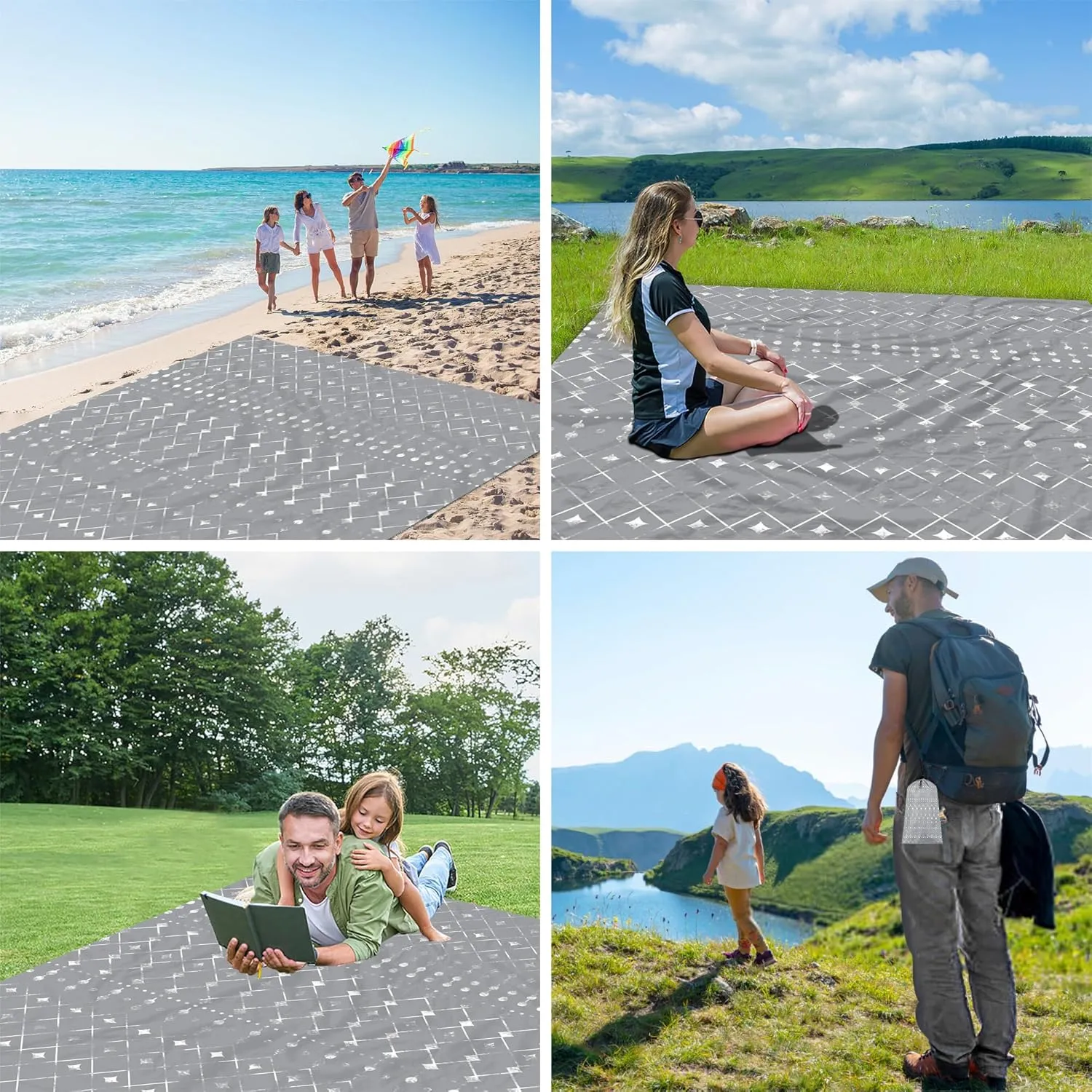 Extra Large Beach Blanket Sandproof, 110''×118'' Outdoor Beach Mat Sand Free Waterproof for 8 Adults, Polyester Lightweight Foldable Grey Geometry Picnic Blanket for Travel, Camping, Hiking