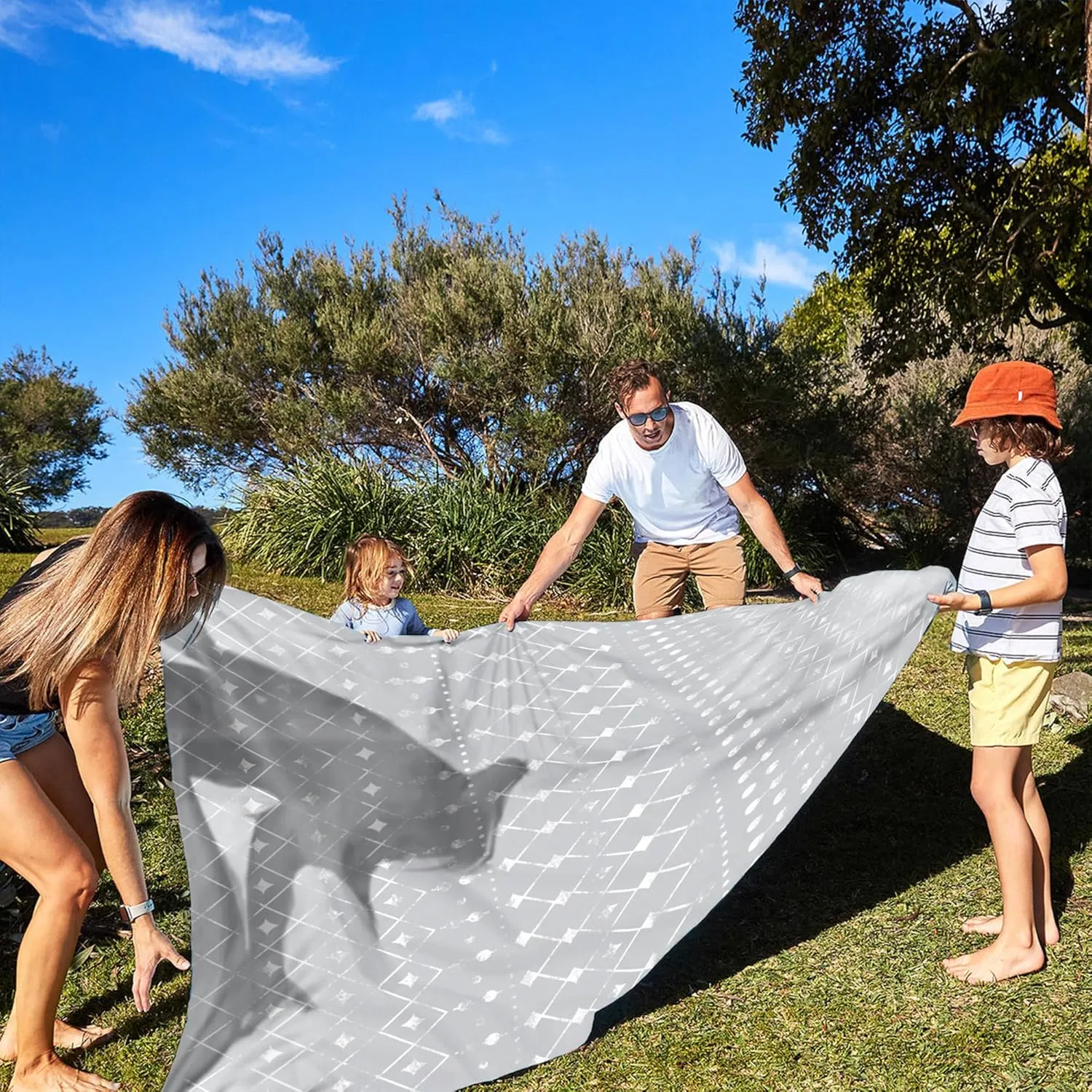 Extra Large Beach Blanket Sandproof, 110''×118'' Outdoor Beach Mat Sand Free Waterproof for 8 Adults, Polyester Lightweight Foldable Grey Geometry Picnic Blanket for Travel, Camping, Hiking