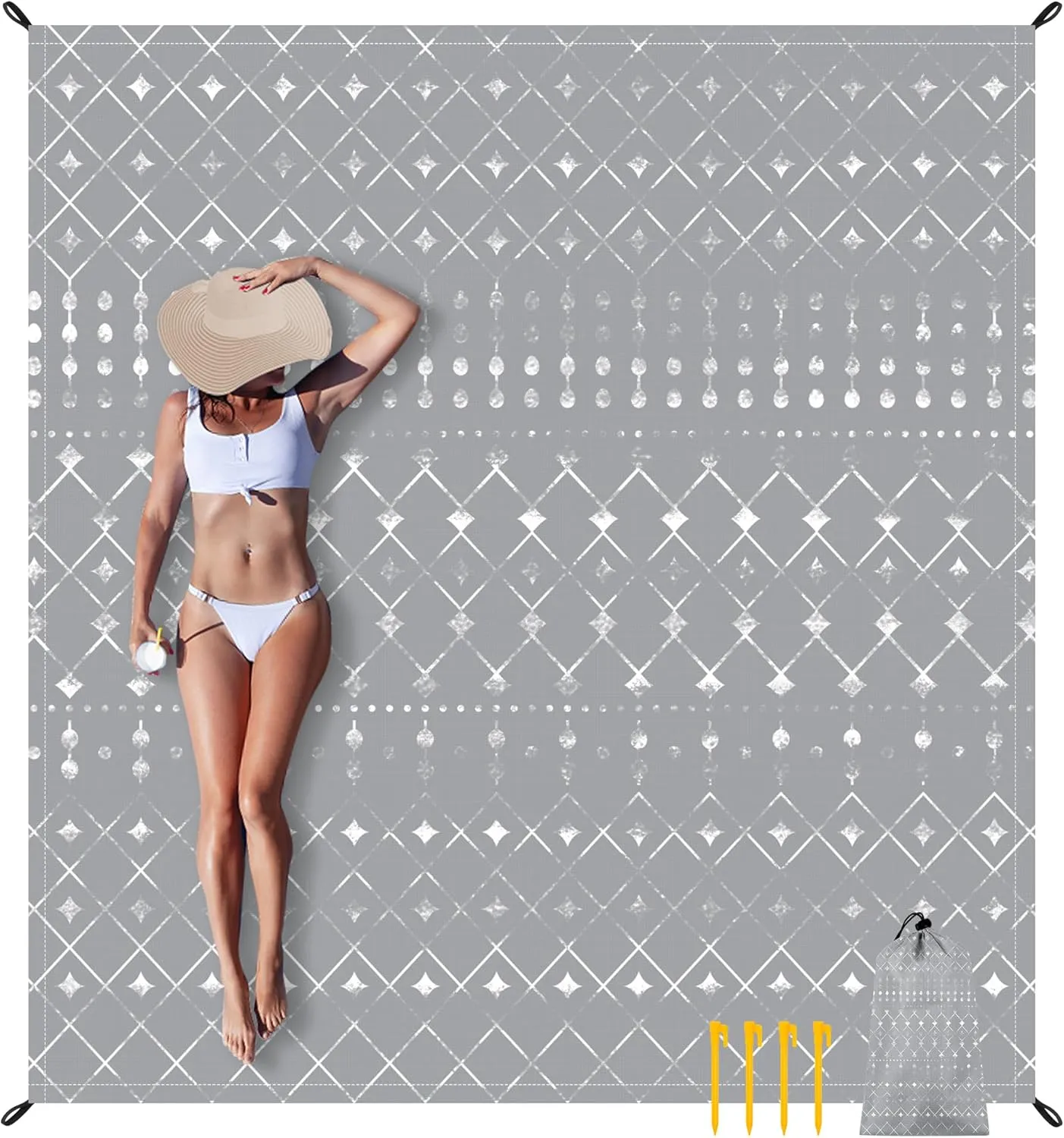 Extra Large Beach Blanket Sandproof, 110''×118'' Outdoor Beach Mat Sand Free Waterproof for 8 Adults, Polyester Lightweight Foldable Grey Geometry Picnic Blanket for Travel, Camping, Hiking