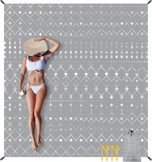 Extra Large Beach Blanket Sandproof, 110''×118'' Outdoor Beach Mat Sand Free Waterproof for 8 Adults, Polyester Lightweight Foldable Grey Geometry Picnic Blanket for Travel, Camping, Hiking