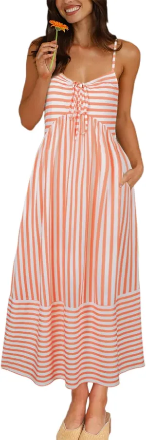 Fashionme Womens Summer Maxi Dresses 2025 Trendy Striped Vacation Boho Beach Spaghetti Strap Sundress Back Tie with Pockets