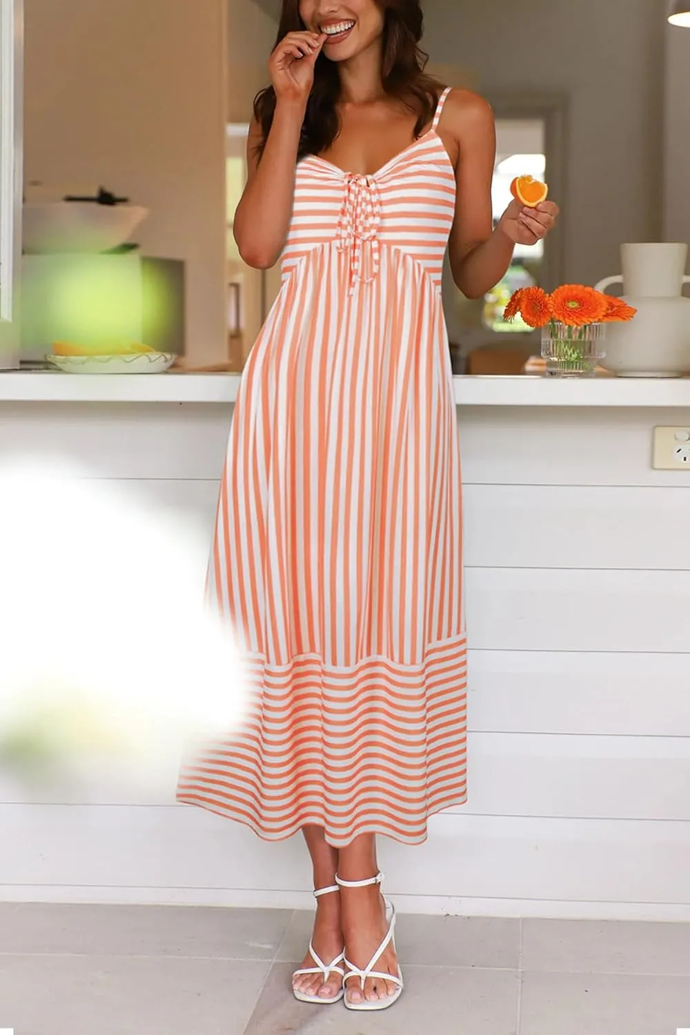 Fashionme Womens Summer Maxi Dresses 2025 Trendy Striped Vacation Boho Beach Spaghetti Strap Sundress Back Tie with Pockets