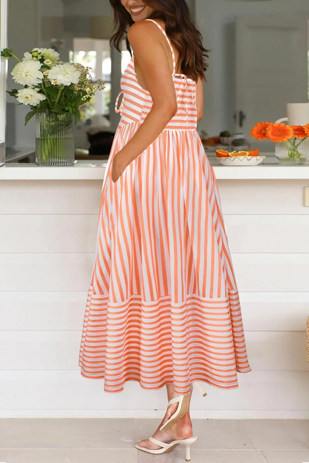Fashionme Womens Summer Maxi Dresses 2025 Trendy Striped Vacation Boho Beach Spaghetti Strap Sundress Back Tie with Pockets