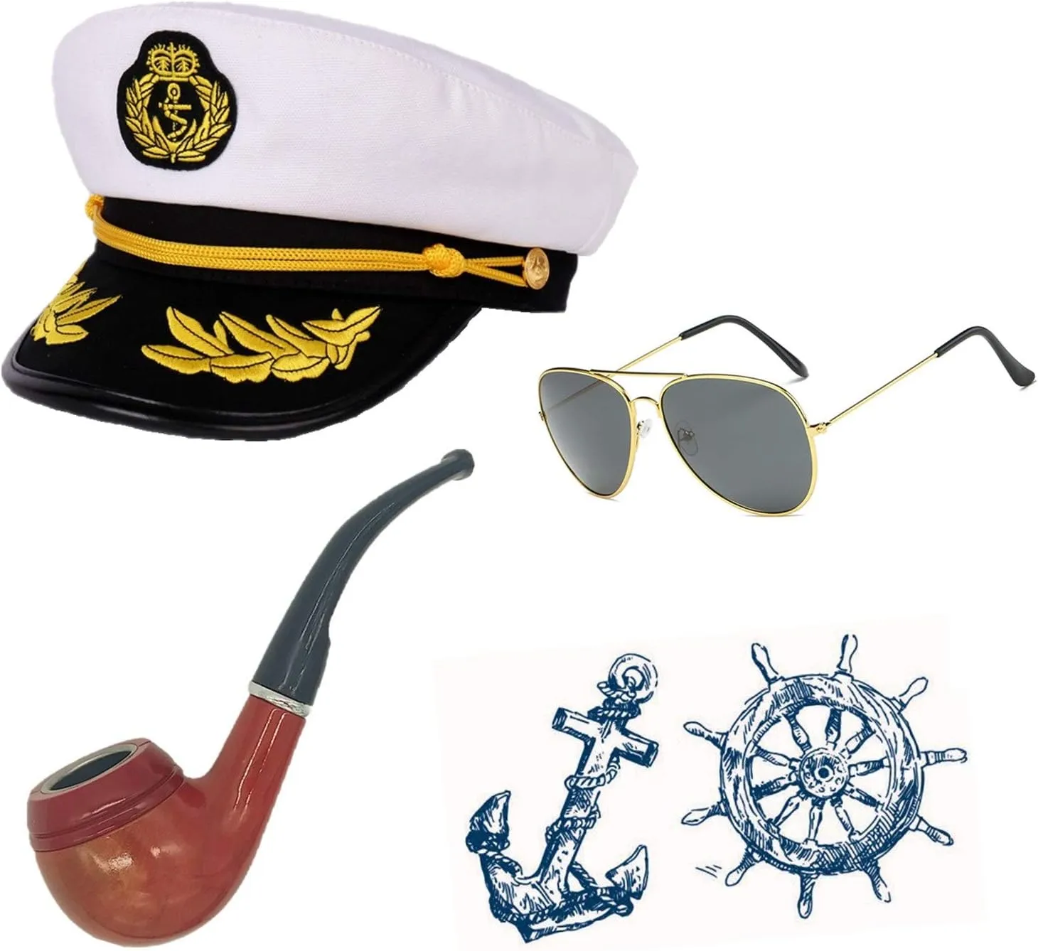 Feacole Sailor Ship Yacht Boat Captain Hat Costume Accessories - Sailor Cap,Wooden Pipe,Aviator Sunglasses