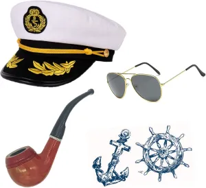 Feacole Sailor Ship Yacht Boat Captain Hat Costume Accessories - Sailor Cap,Wooden Pipe,Aviator Sunglasses