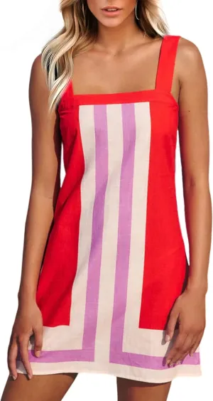 Fiona Jolin Women's Striped Mini Dress Boho Shoulder Strap Sundress Summer Cover Up Dress for Beach