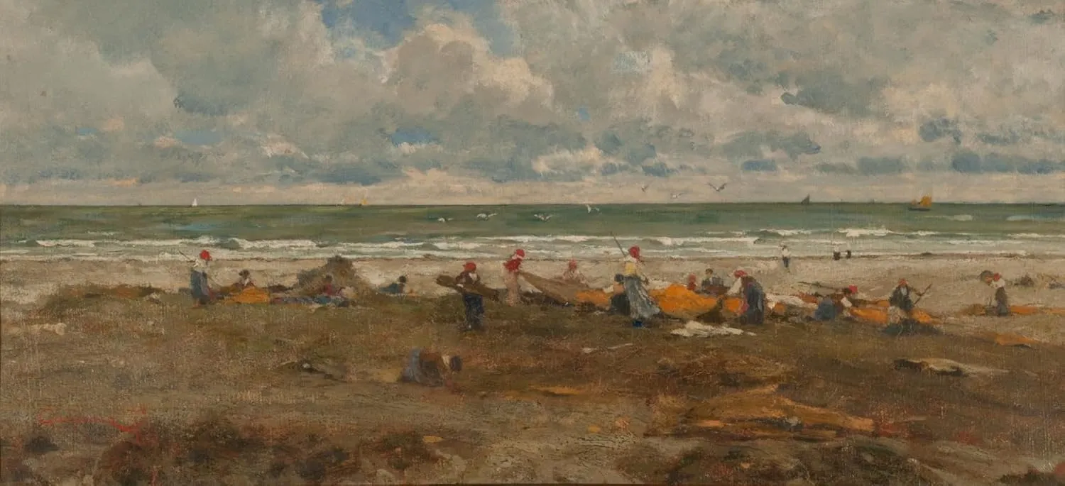 Fishermen on the beach Poster Print by Filippo Carcano (18 x 24)